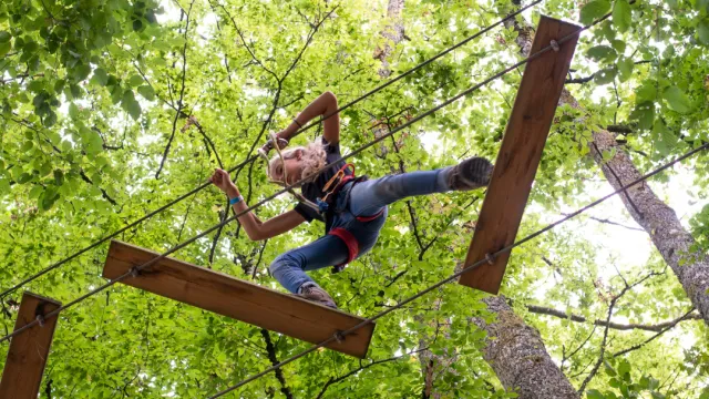 Child navigating a rope course among trees, wearing safety gear.