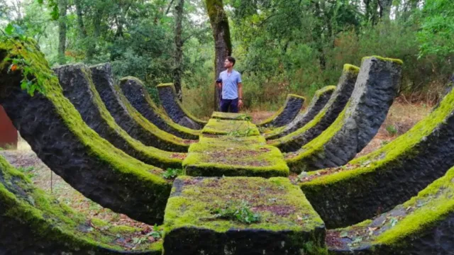 Moss-covered stone sculpture resembling a ribcage in a forest.