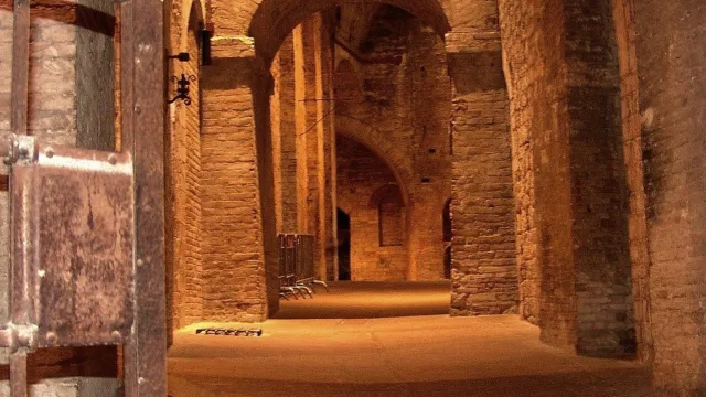 Ancient stone corridor with high arches, dimly lit.