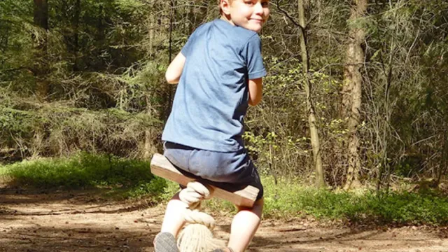 Child joyfully swings on rope in sunlit forest.