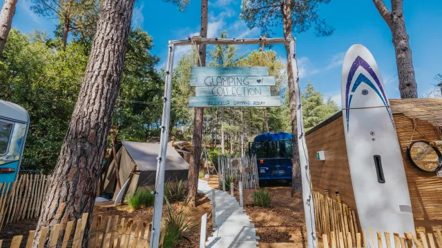 Camping site with tall trees, tents, blue bus, and surfboard under a clear sky.