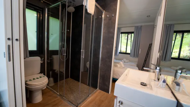 Modern bathroom with glass shower, sink, and toilet, connected to a bedroom.