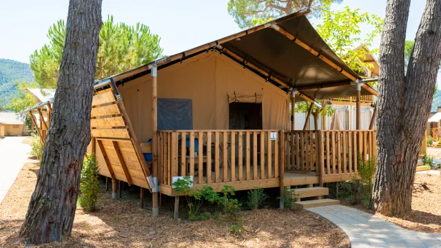 Wooden cabin with a canvas roof, surrounded by trees on a sunny day.