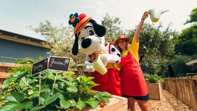 Dog mascot and person watering a garden, both smiling.