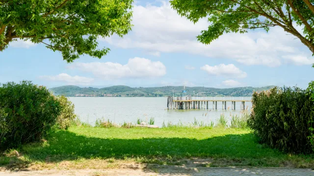 Lush green landscape with a lake and distant pier under a blue sky.