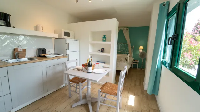 Cozy studio apartment with a small kitchen and dining area, bright window, and visible bed.
