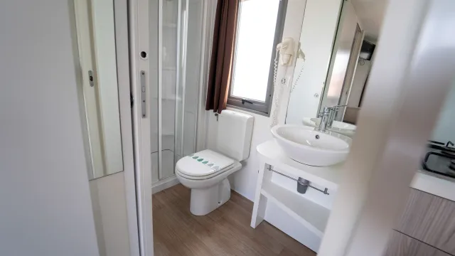 Modern bathroom with shower, toilet, and sink.