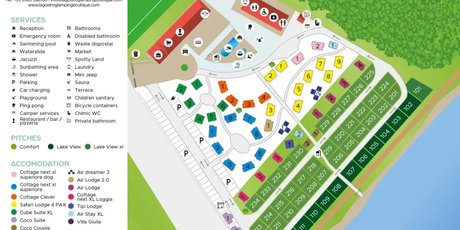 Campground map with color-coded sections, roads, and symbols near a water body and forest.