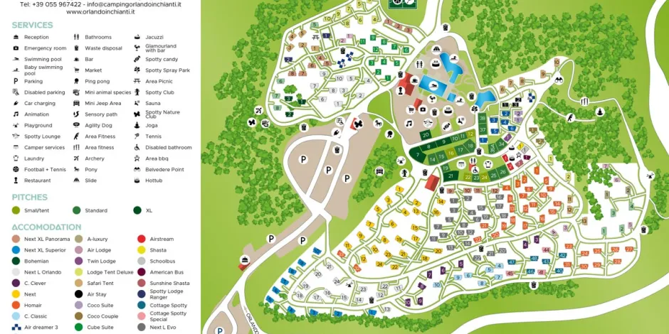 Map of Chianti campsite with a key for amenities.