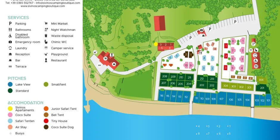 Camping site map with trees, pathways, and beach shoreline.