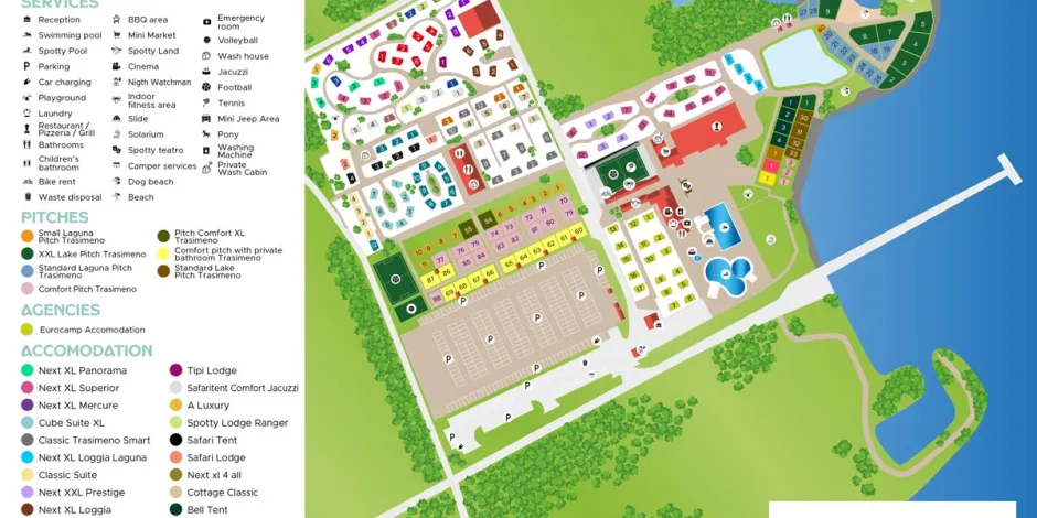 Map of a park with labeled sections by a lake, surrounded by trees.