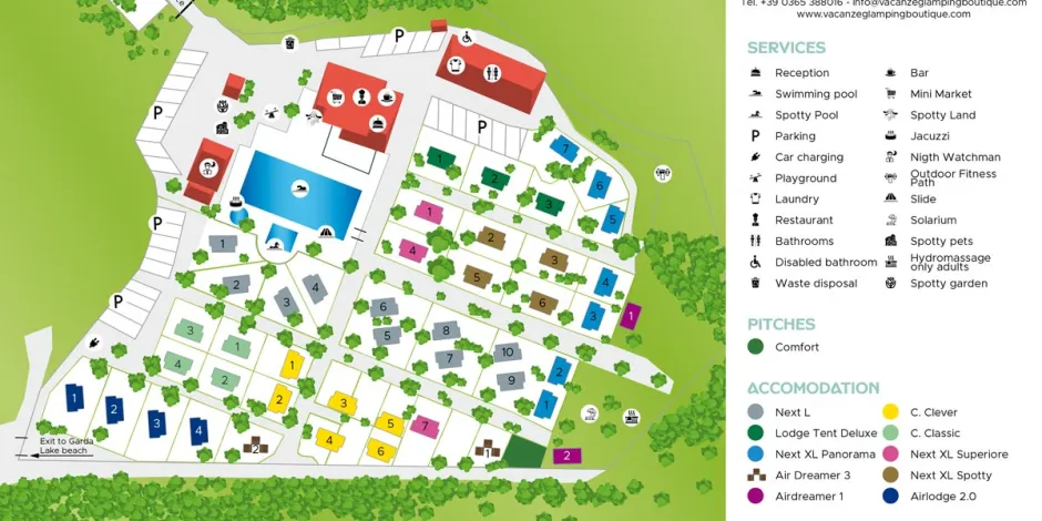 Map of a holiday park with labeled facilities and accommodations.