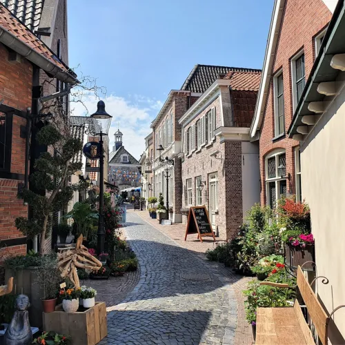 Narrow cobblestone street lined with quaint brick buildings under a clear blue sky.