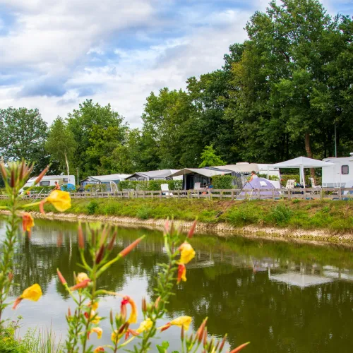 Riverside campground with tents and caravans under a cloudy sky.