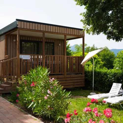 Cozy wooden cabin with a porch, surrounded by greenery and flowers; two lounge chairs nearby.