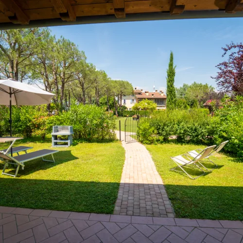 Sunny garden with lounge chairs, umbrella, and a path leading to trees and shrubs.