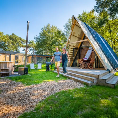 A-frame cabin in a sunny, wooded campsite.