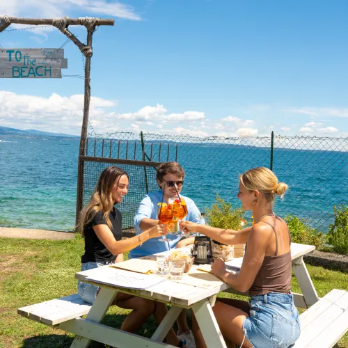Three people clinking glasses at a picnic table by the sea under a clear blue sky.