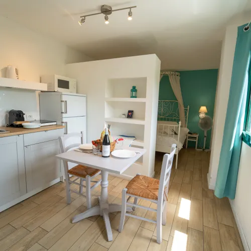 Cozy studio apartment with a small kitchen and dining area, bright window, and visible bed.