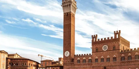 Siena's Piazza del Campo with Torre del Mangia under a blue sky.