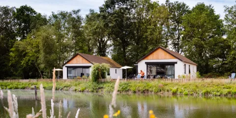 Two modern white houses by a pond, surrounded by trees and greenery.
