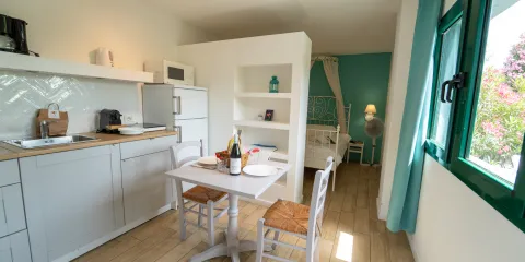 Cozy studio apartment with a small kitchen and dining area, bright window, and visible bed.