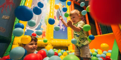 Children playing in a colorful ball pit.