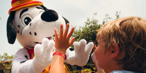 Child high-fiving a cartoon dog character at a theme park.