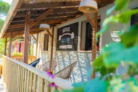 Rustic porch with wicker chairs and leafy vines in sunlight.