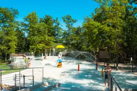 Kids enjoy a sunny splash park with water features and trees.