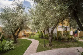 Cabins surrounded by olive trees and a winding brick path.