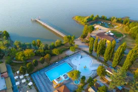 Aerial view of trasimeno lakeside resort with pool, pier, and trees.