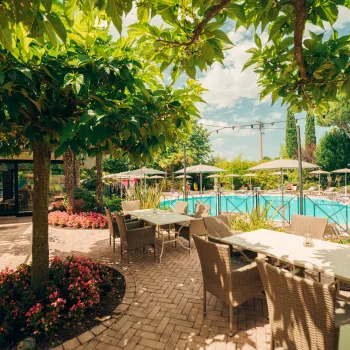 Sunny outdoor patio with tables, trees, and a pool.