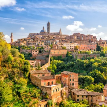 Hilltop town with historic buildings under a blue sky, surrounded by lush greenery.
