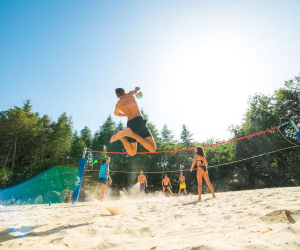 Beach volleyball game under clear skies, player mid-jump, surrounded by trees.