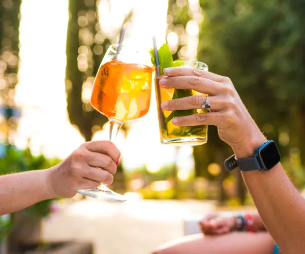 Toasting drinks outdoors, one orange, one with green leaves, sunny setting.
