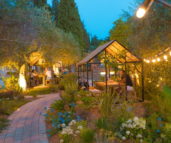 Garden path with string lights, greenhouse, and lush greenery at dusk.