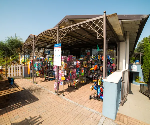Outdoor market stall with colorful items under a canopy.