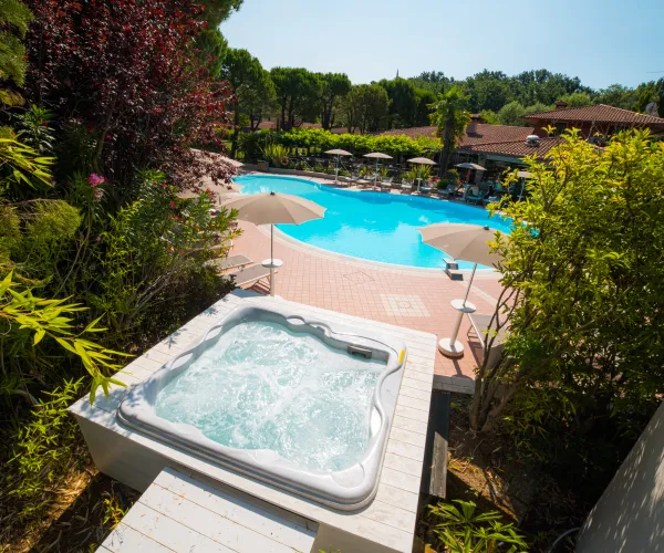Jacuzzi overlooking a clear blue outdoor pool surrounded by trees and loungers.