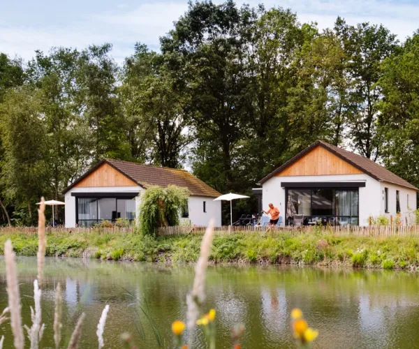 Two modern white houses by a pond, surrounded by trees and greenery.