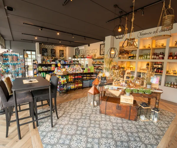 Cozy boutique store interior with wooden shelves and warm lighting.