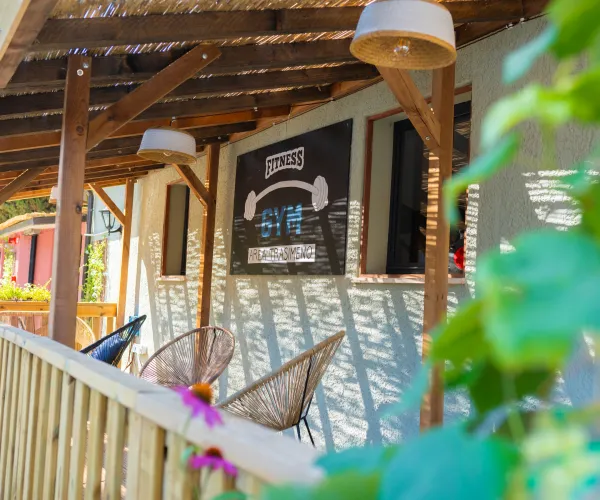 Cozy porch with wicker chairs, wooden railing, and leafy plants.