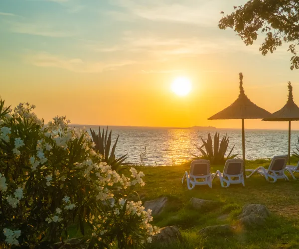 Tropical sunset over the lake with lounge chairs and parasols on the grassy shore.