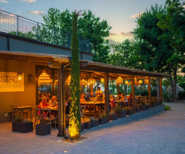 Outdoor bistro at sunset, warm lighting, trees surrounding dining area.