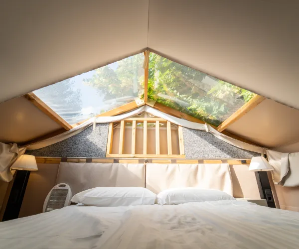 Bed in a cozy room with a skylight showing green foliage above.