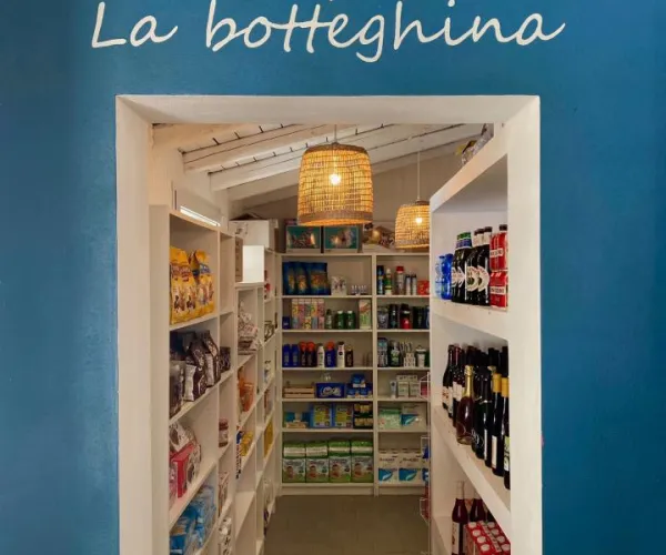 Small shop entrance with shelves of groceries and hanging light.