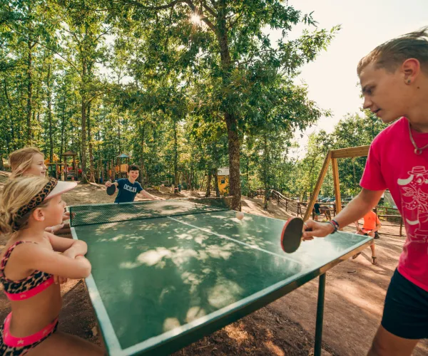 Kids playing table tennis outdoors in a forest setting.