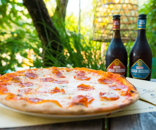 Pizza and two beer bottles on an outdoor table with greenery.