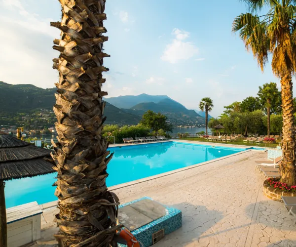 Sunny poolside with palm trees, mountains, and clear blue sky.