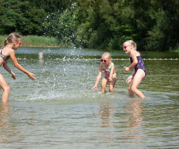 Three children splashing in a lake, surrounded by trees.